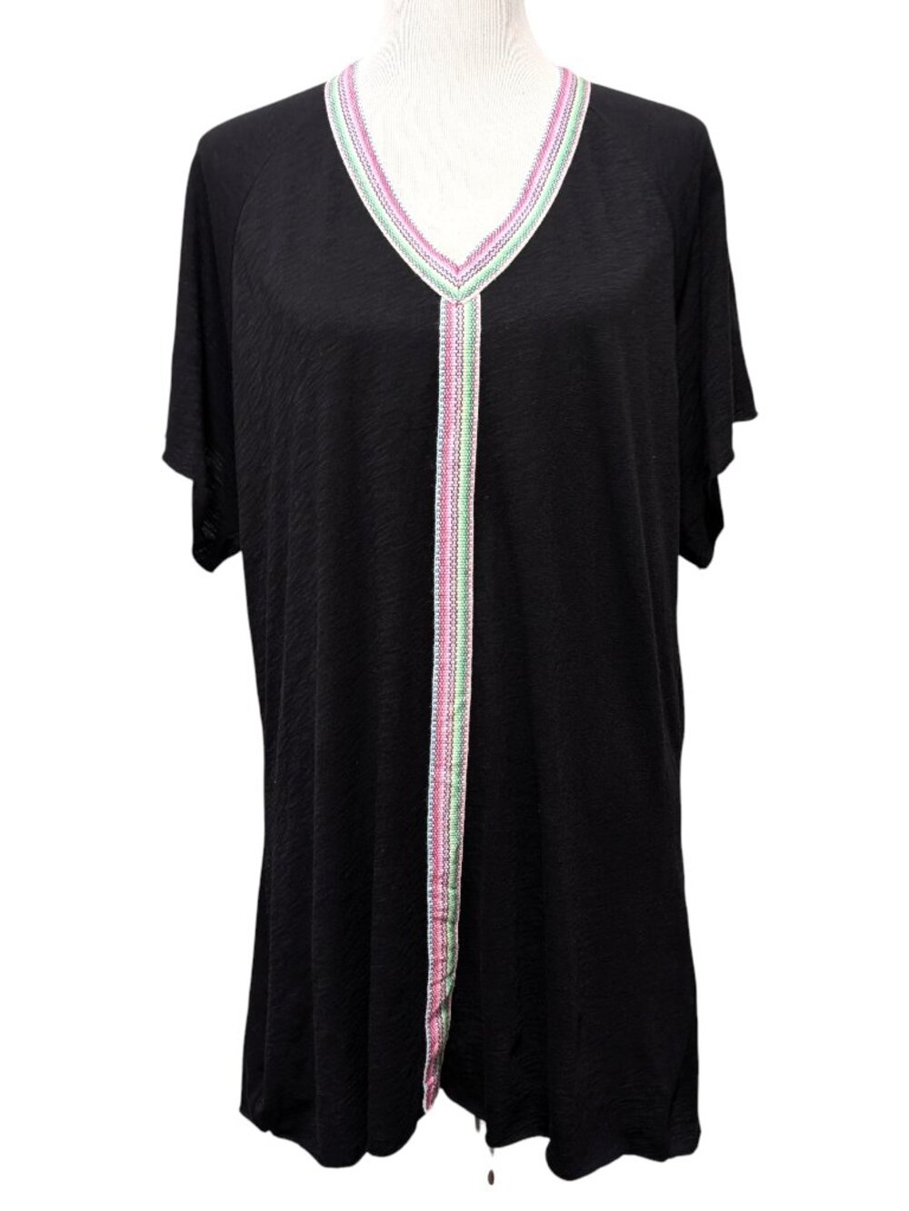 Pitusa Womens Sz XS/S Black Pima Abaya Pink Green Ribbon Detail Mini Cover Dress